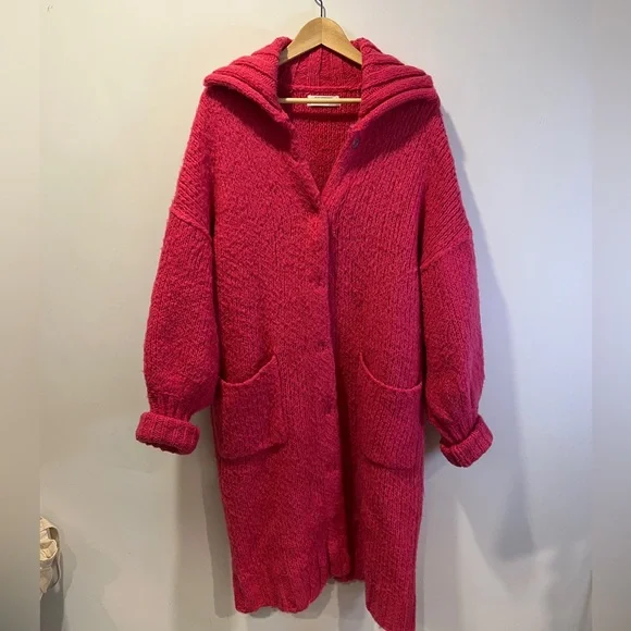 Anthropologie Brushed Cardigan Knit Sweater Coat Large Neon Pink - Picture 6 of 9